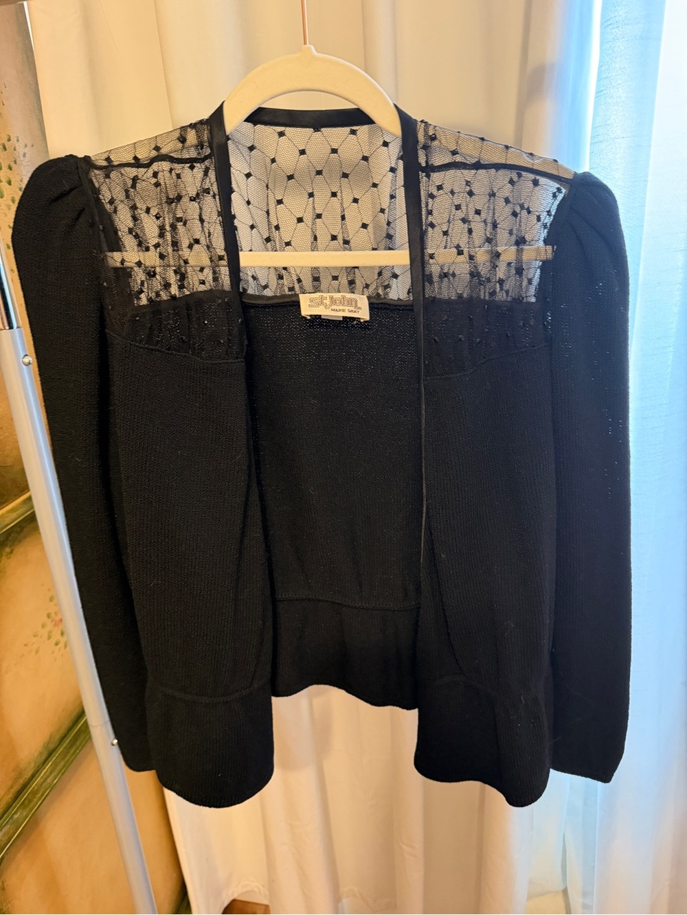 St. John Black Lace-Yoke Open Cardigan
